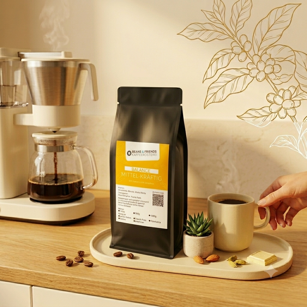Balance Mittel-Kräftig Kaffee ganze Bohnen von Beans and Friends – 85 % Arabica und 15 % Canephora mit Noten von Schokolade, Mandel und Würze