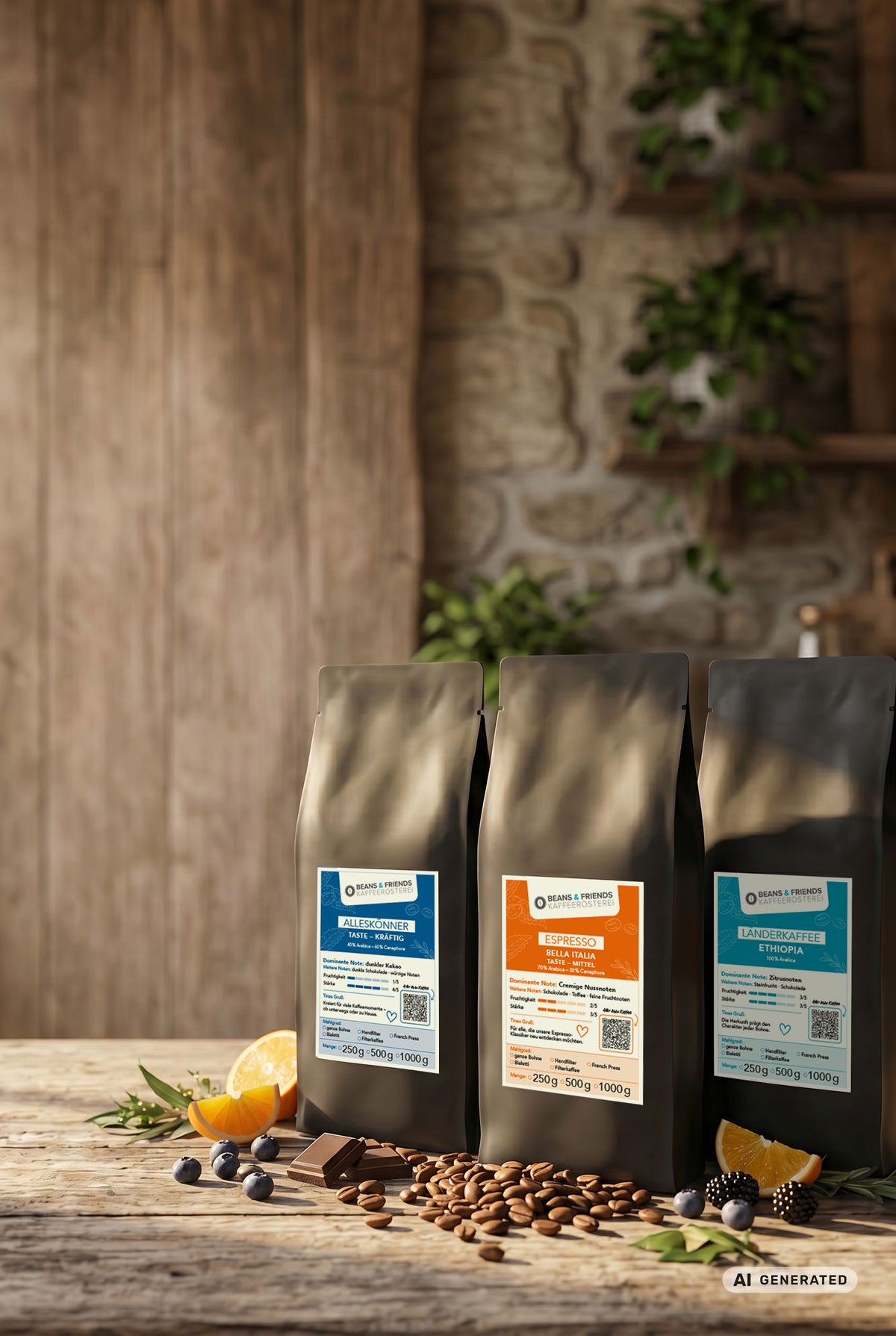 Drei Kaffeetüten aus dem Beans & Friends Kaffeesortiment mit einer blauen Kaffeetasse, Kaffeebohnen und Aromenzutaten auf einem rustikalen Holztisch.