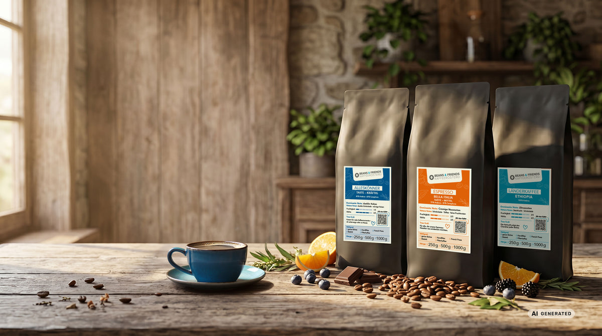Drei Kaffeetüten von Beans & Friends mit blauen, orangefarbenen und türkisfarbenen Etiketten auf einem Holztisch, daneben eine Tasse Kaffee, Kaffeebohnen und Aromenzutaten.