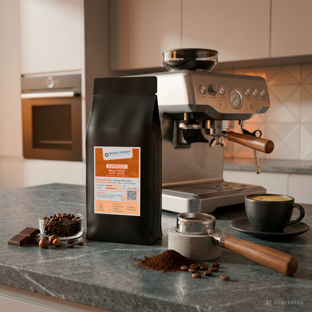 Espresso Bella Italia von Beans & Friends – italienische Espressomischung mit kräftigem Körper sowie nussigen und dunklen Schokoladennoten, geeignet für Siebträger und Vollautomaten
