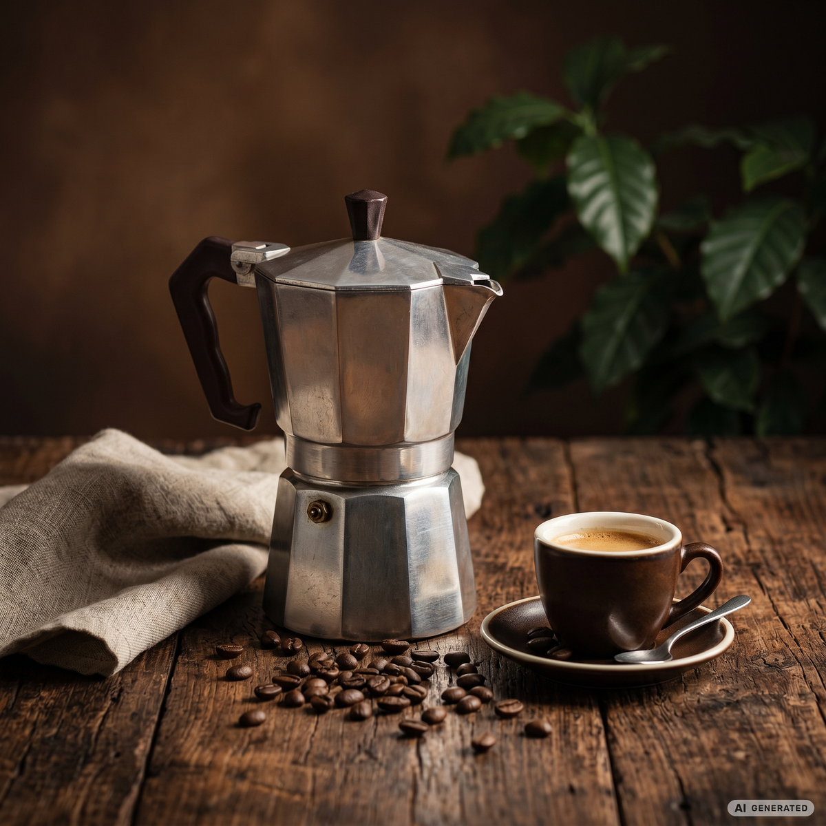 Kaffeezubereitung mit einem silbernen Espressokocher und dampfender Kaffeetasse auf einem Holztisch vor braunem Hintergrund.