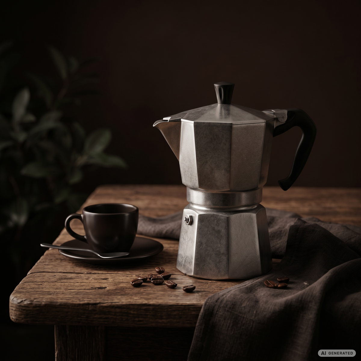 Silberner Espressokocher mit Kaffeetasse auf einem rustikalen Holztisch in dunkler, gemütlicher Atmosphäre.