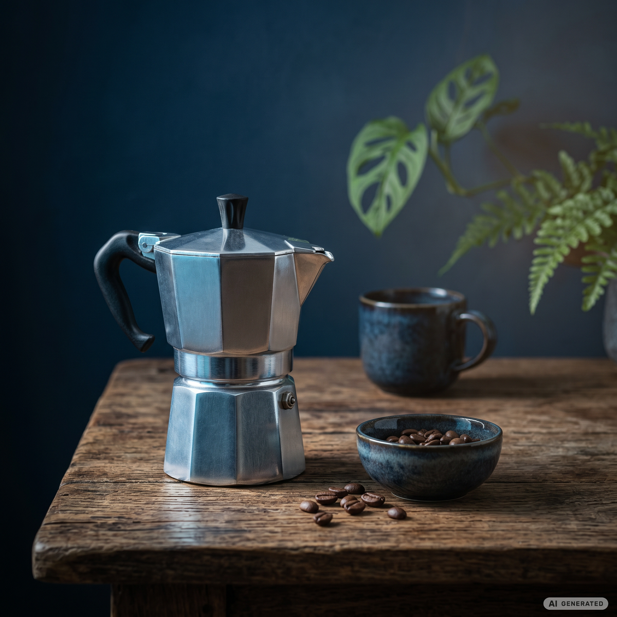 Silberner Espressokocher mit Kaffeetasse auf einem Holztisch vor dunkelblauem Hintergrund.