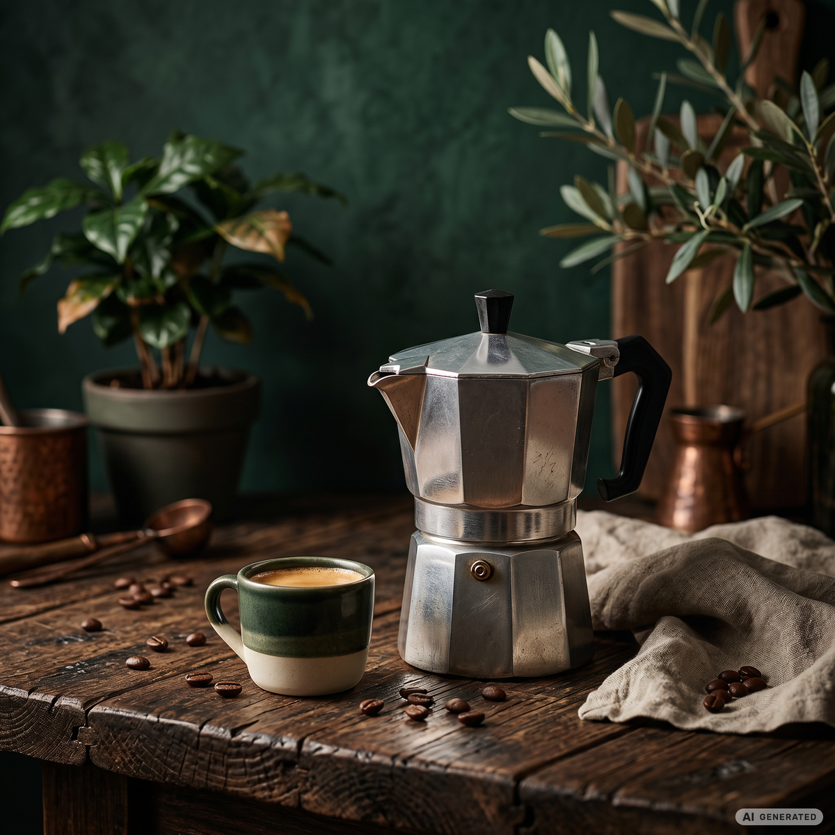 Kaffeezubereitung mit Espressokocher und Kaffeetasse auf einem rustikalen Holztisch in warmer, natürlicher Atmosphäre.