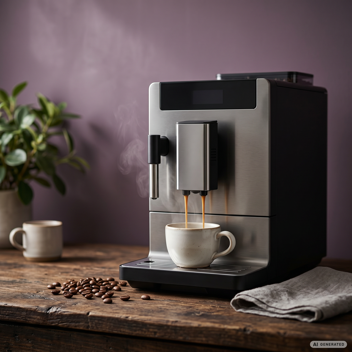 Moderner Kaffeevollautomat mit Kaffeetasse und grüner Pflanze auf einer Holzfläche vor violettem Hintergrund.