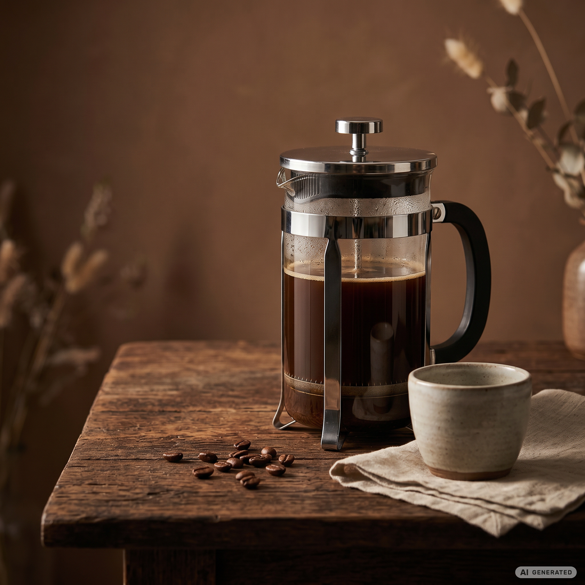 French Press mit Kaffee und Kaffeetasse auf einem rustikalen Holztisch in warmer, brauner Umgebung.