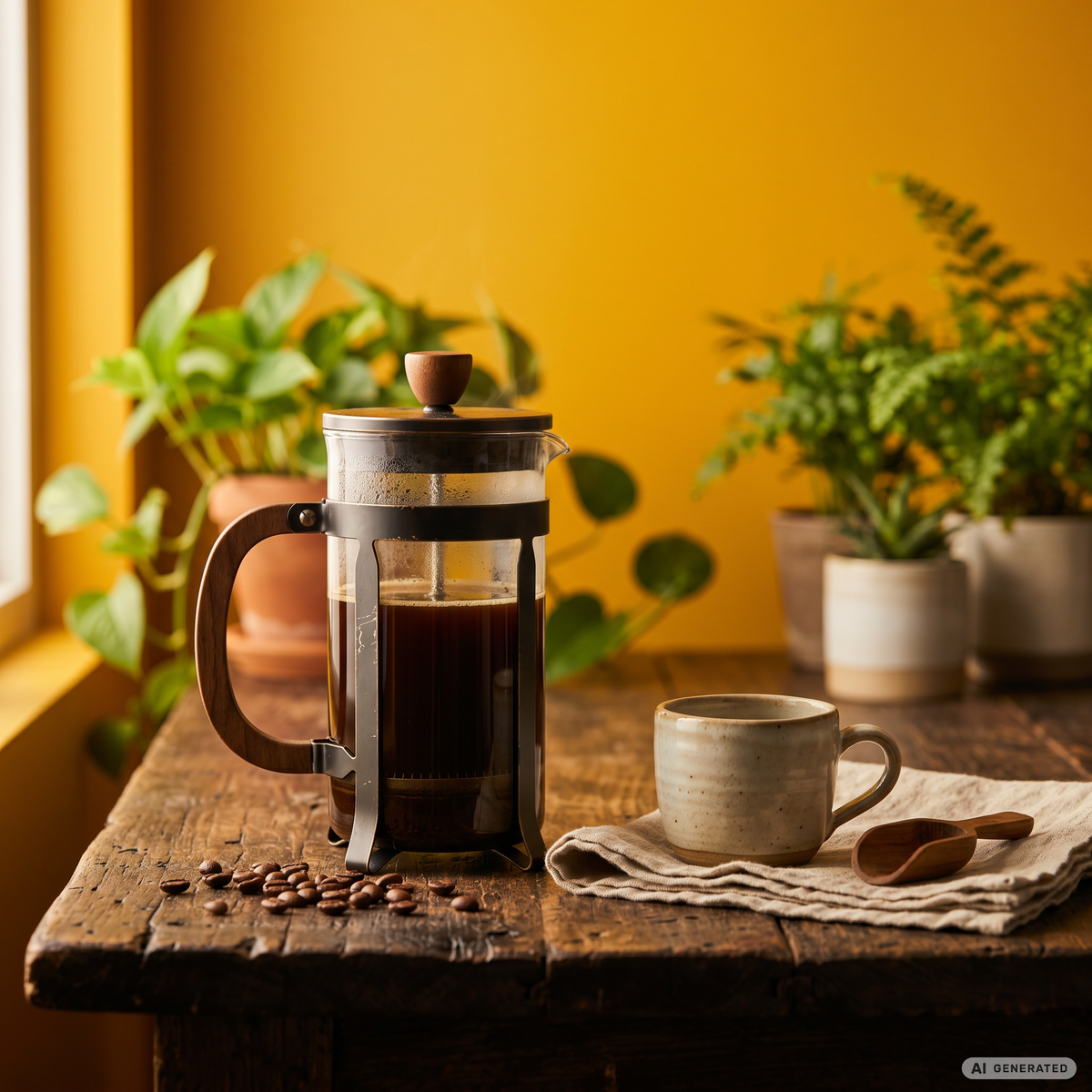 Kaffeezubereitung mit Espressokocher und Kaffeetasse auf einem rustikalen Holztisch vor sonnengelbem Hintergrund mit grünen Pflanzen.