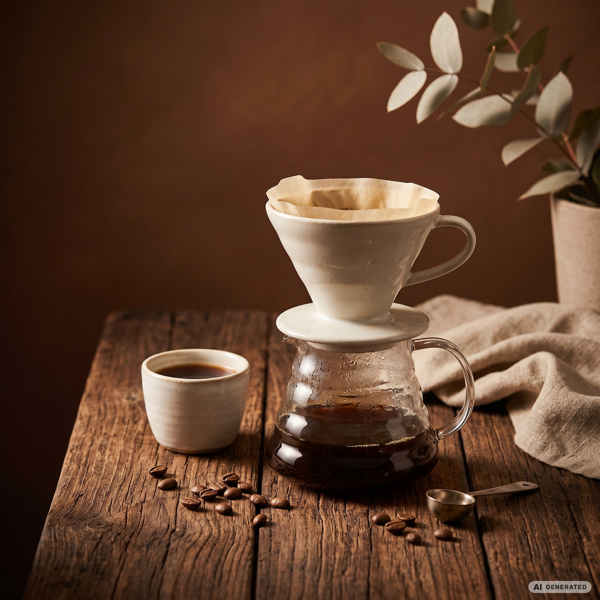 Kaffeezubereitung miteiner Chemex und dampfender Kaffeetasse auf einem Holztisch vor braunem Hintergrund.