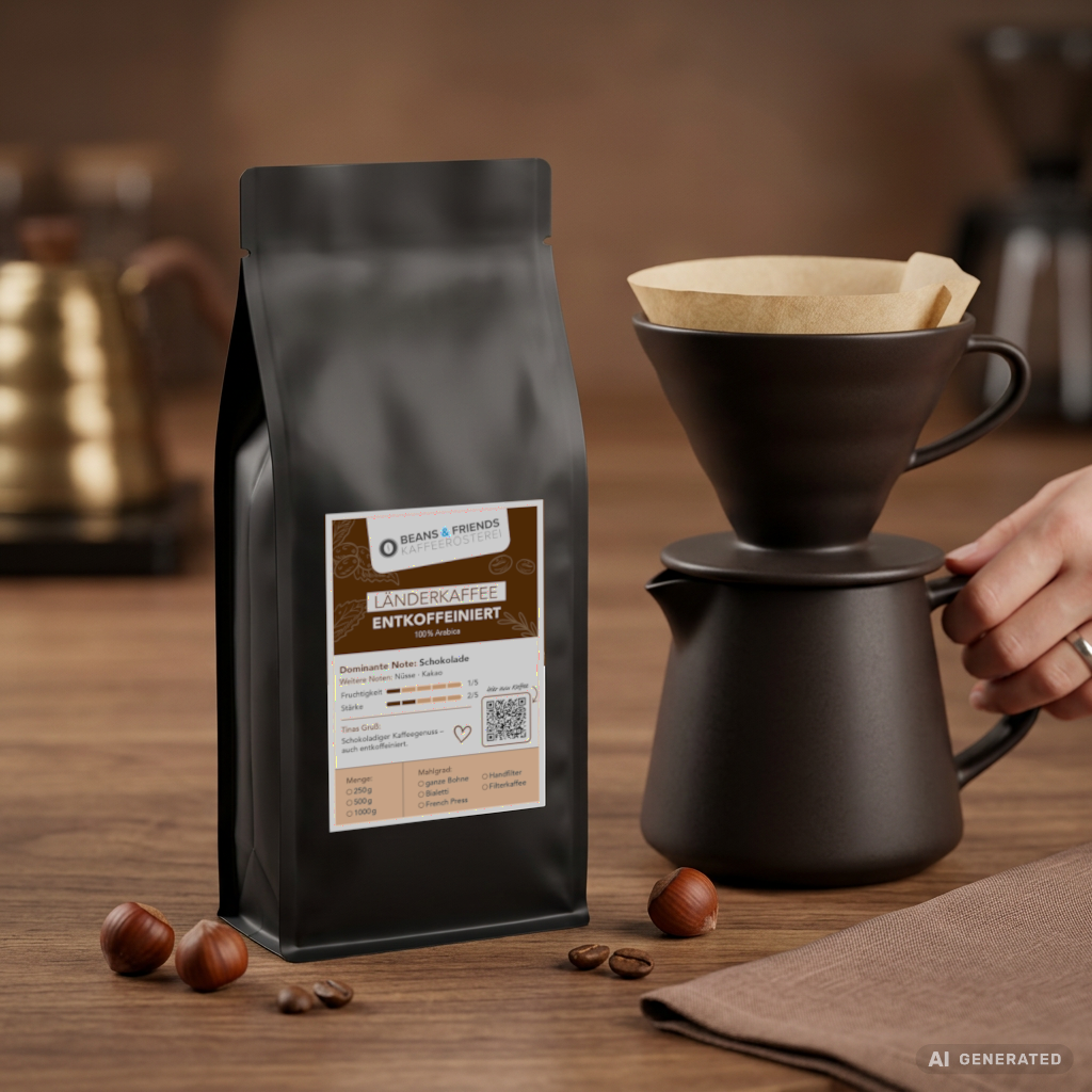 Entkoffeinierter Kaffee ganze Bohnen von Beans and Friends – 100 % Arabica mit Noten von Nuss und Schokolade, Geschmack trotz Entkoffeinierung.