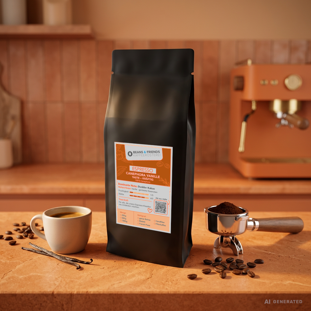Espresso Canephora von Beans & Friends – kräftige Espressomischung mit Canephora-Anteil, intensive Röstaromen, würzig-schokoladig, geeignet für Siebträger und Vollautomaten