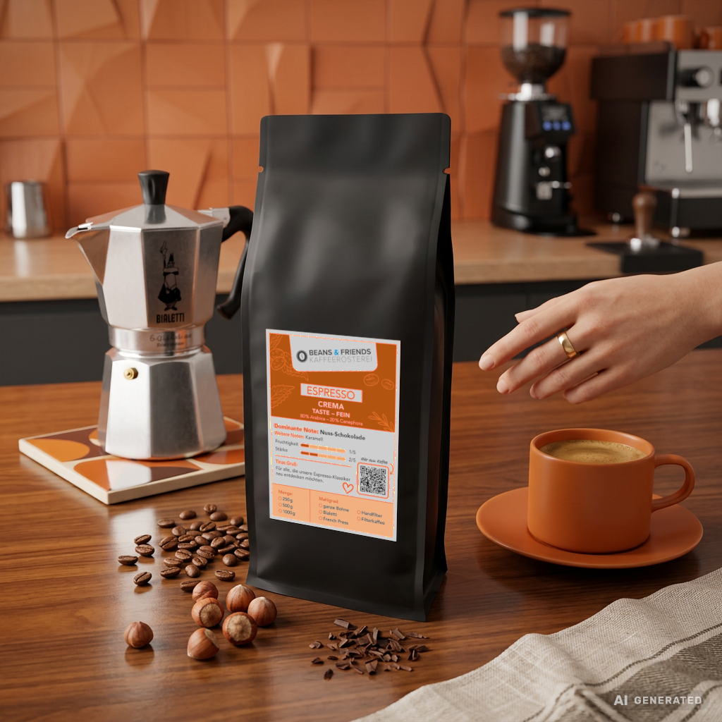 Espresso Crema Mild von Beans & Friends – Espresso mit feiner Crema und schokoladigen Noten, geeignet für Vollautomaten und Siebträger