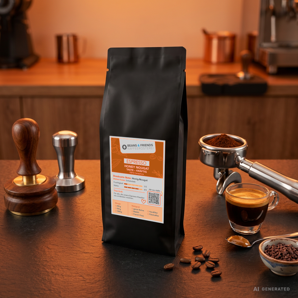 Espresso Honey Nougat von Beans & Friends – kräftiger Espresso mit Honig-, Nougat- und Schokoladennoten, geeignet für Cappuccino, Latte Macchiato und Espresso