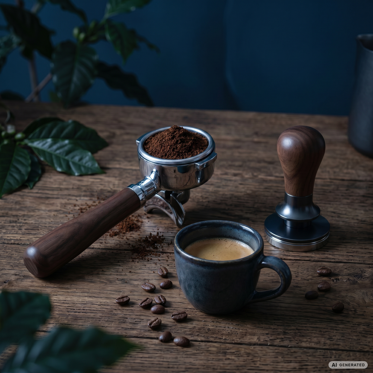 Siebträger und Kaffeezubehör auf einer dunklen Arbeitsfläche vor blauem Hintergrund.