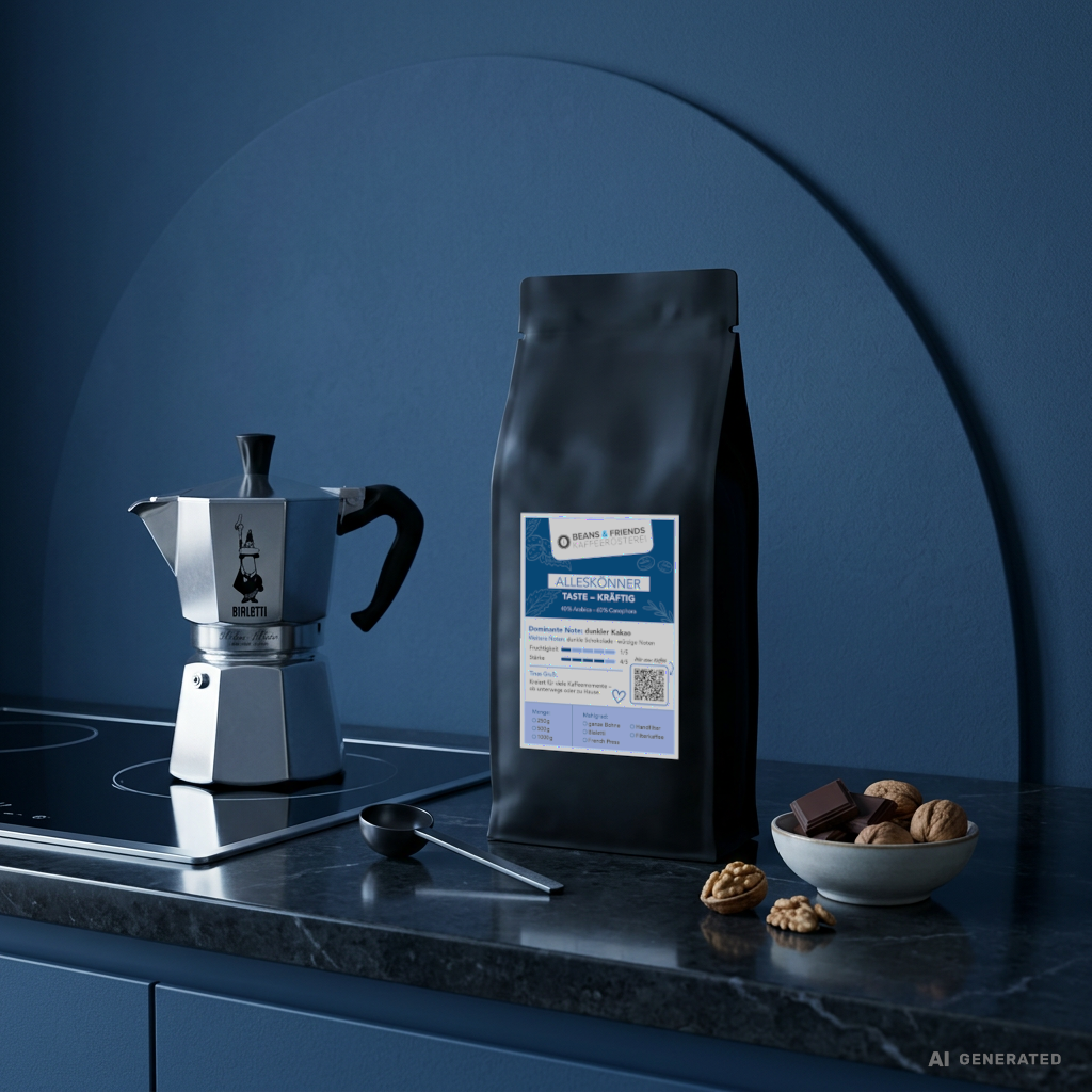 Alleskönner Kräftig von Beans & Friends – kräftige Kaffeemischung mit intensiven Röstaromen und dunkler Schokolade, vielseitig für Vollautomaten, Filter und French Press und Siebträger
