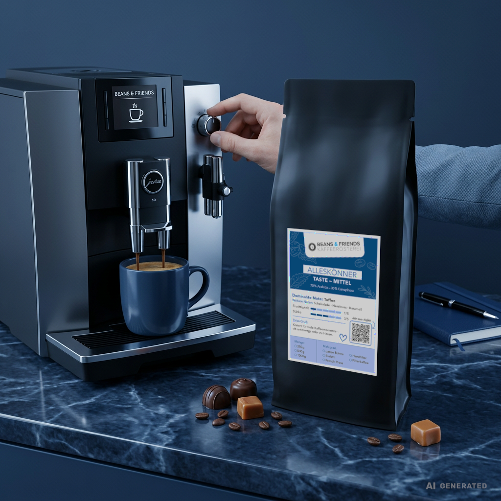 Alleskönner Mittel von Beans & Friends – Kaffeemischung mit nussigen und schokoladigen Noten, vielseitig für Vollautomaten, Filterkaffee, Espressokocher und Siebträger