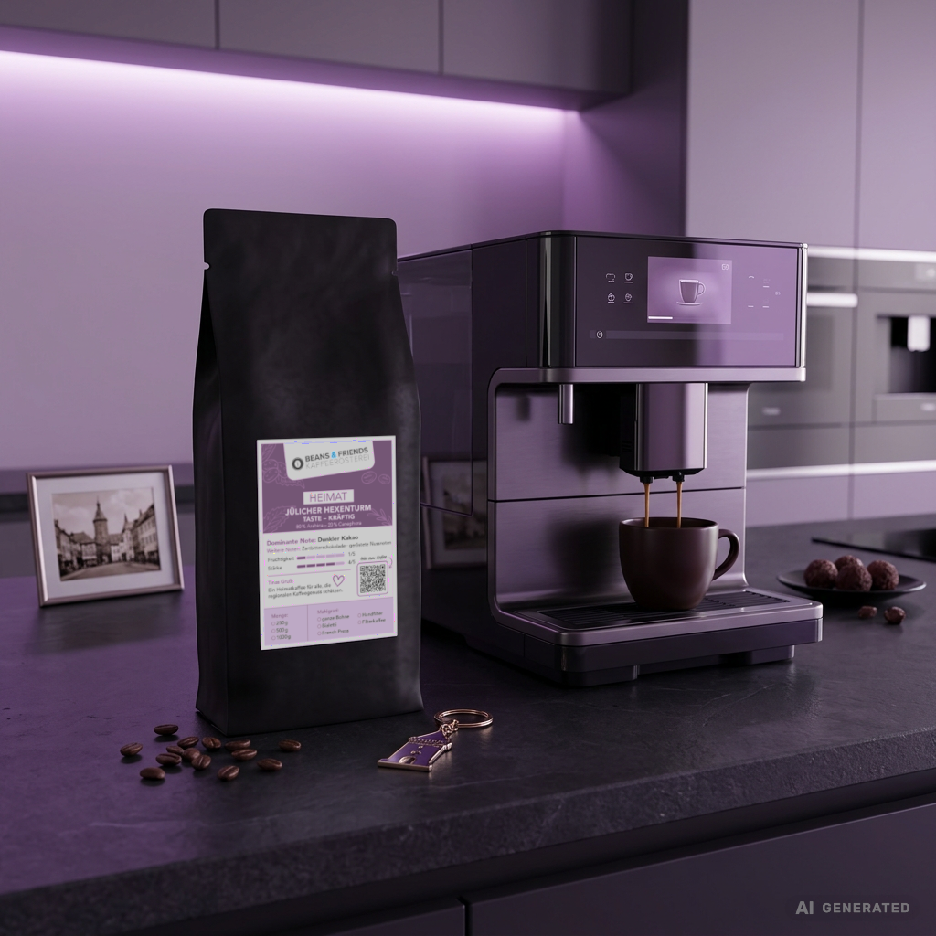 Jülicher Hexenturm von Beans & Friends neben einem Kaffeevollautomaten vor violettem Hintergrund.