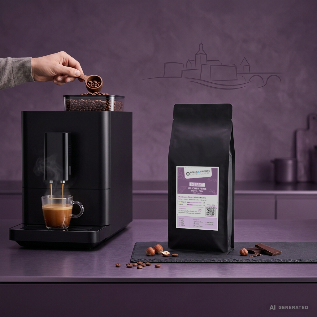Jülicher Milde von Beans & Friends neben einem Kaffeevollautomaten mit Kaffeetasse vor violettem Hintergrund.