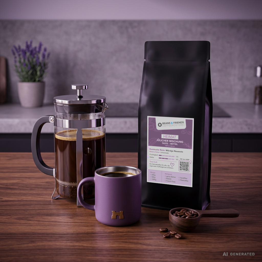 Jülicher Mischung von Beans & Friends neben einer French Press und einer Tasse frisch zubereitetem Kaffee.