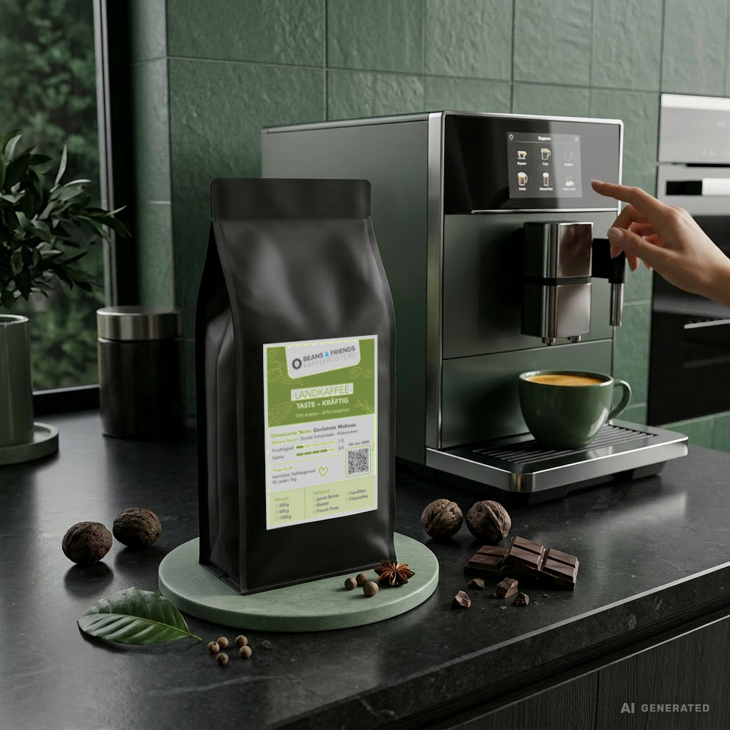 Landkaffee Kräftig ganze Bohnen von Beans and Friends – 70 % Arabica und 30 % Canephora mit dunkler Schokolade und Walnuss, kräftig und aromatisch