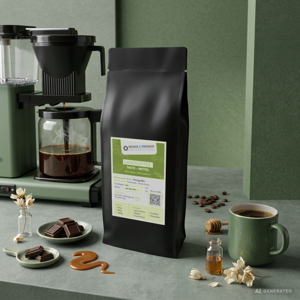 Landkaffee Mittel ganze Bohnen von Beans and Friends – 80 % Arabica und 20 % Canephora mit Schokolade, Karamell und floralen Noten, vielseitig einsetzbar