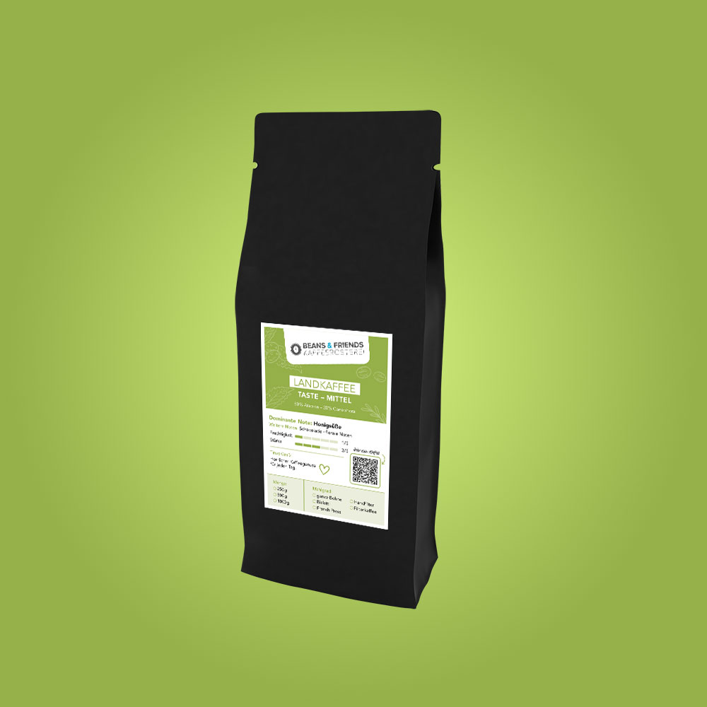 Landkaffee Mittel ganze Bohnen von Beans and Friends – 80 % Arabica und 20 % Canephora mit Schokolade, Karamell und floralen Noten, vielseitig einsetzbar
