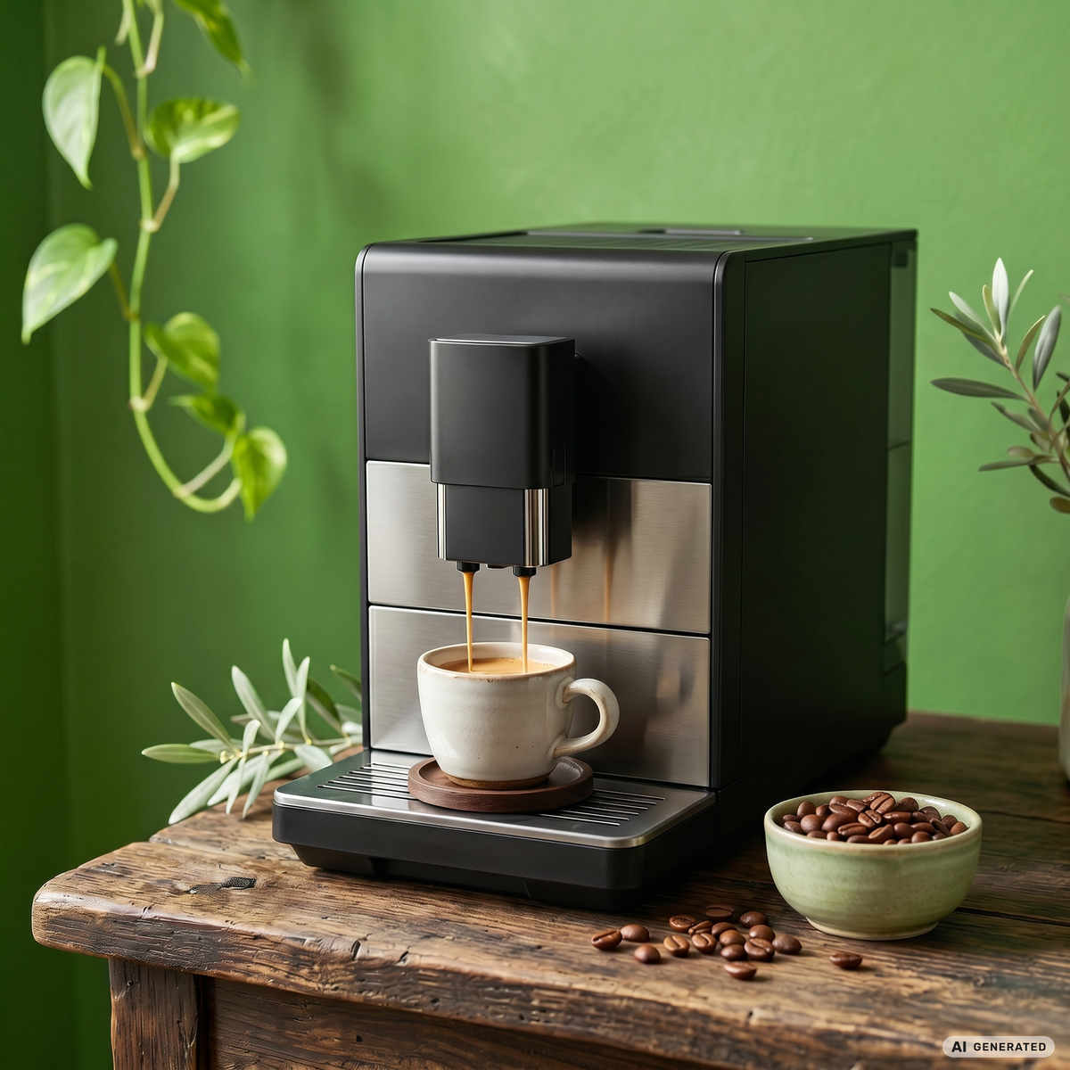 Kaffeevollautomat mit Kaffeetasse und Kaffeebohnen vor hellgrünem Hintergrund mit Pflanzen.