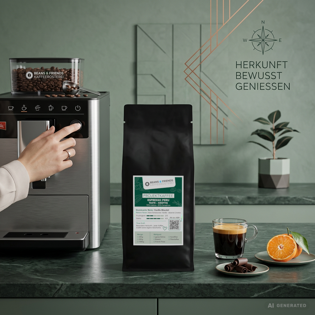 Peru Kaffee Kräftig von Beans & Friends – kräftiger Länderkaffee mit intensiven Röstaromen und dunkler Schokolade, geeignet für Vollautomaten und French Press