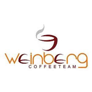 „Weinberg Logo – Weißes Logo mit braun-gelber Schrift, Partner für duftenden Kaffee und Maschinen.“
