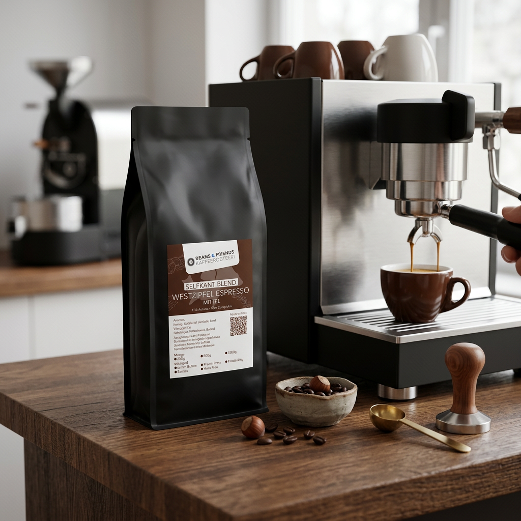 Westzipfel Espresso von Beans & Friends neben einer Siebträgermaschine mit Kaffeezubehör auf einer Holzfläche.