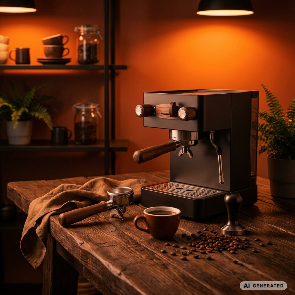 Siebträgermaschine mit Espressotasse und Kaffeezubehör auf einem Holztisch in warmer Beleuchtung.