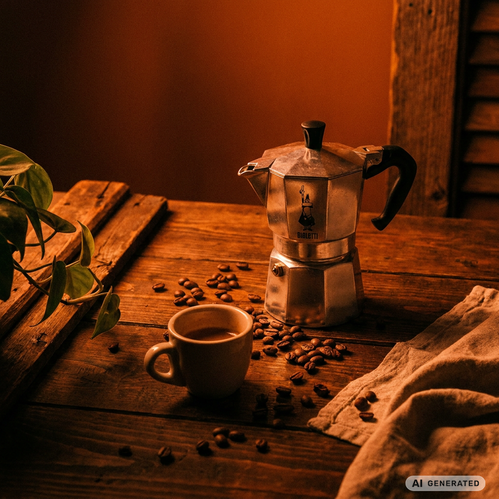 French Press mit Kaffee und Tasse auf einem Holztisch in warmer, gemütlicher Atmosphäre.