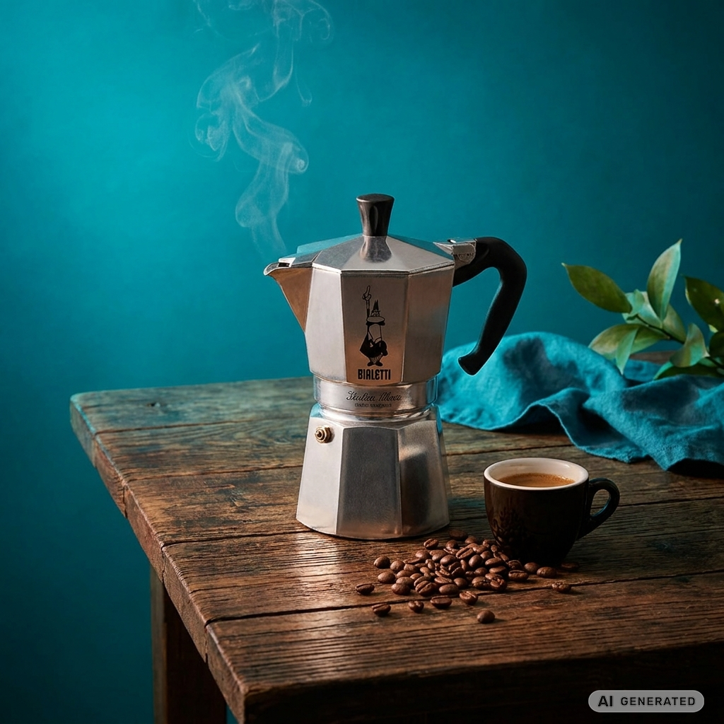 Silberner Espressokocher auf einem Holztisch mit Espressotasse vor türkisfarbenem Hintergrund.